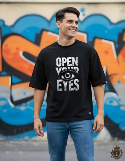 Men's Oversized Black Graphic T-Shirt | "Open Your Eyes" | Streetwear Casual Tee
